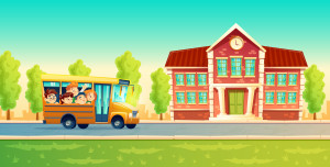 Vector cartoon kids back to school on yellow bus